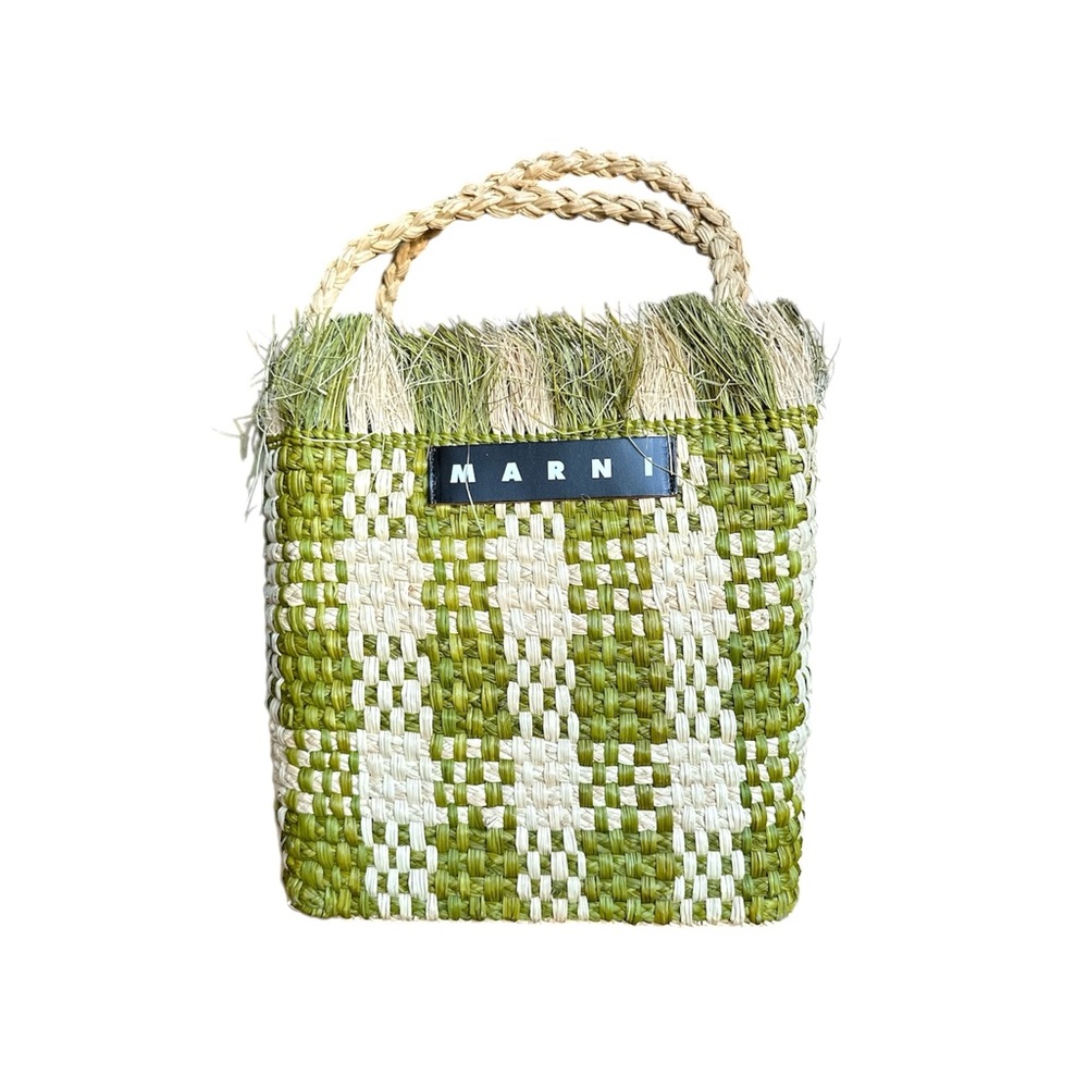 Marni Market Olive and Cream Woven Raffia Tote Bag - Picture 1 of 9
